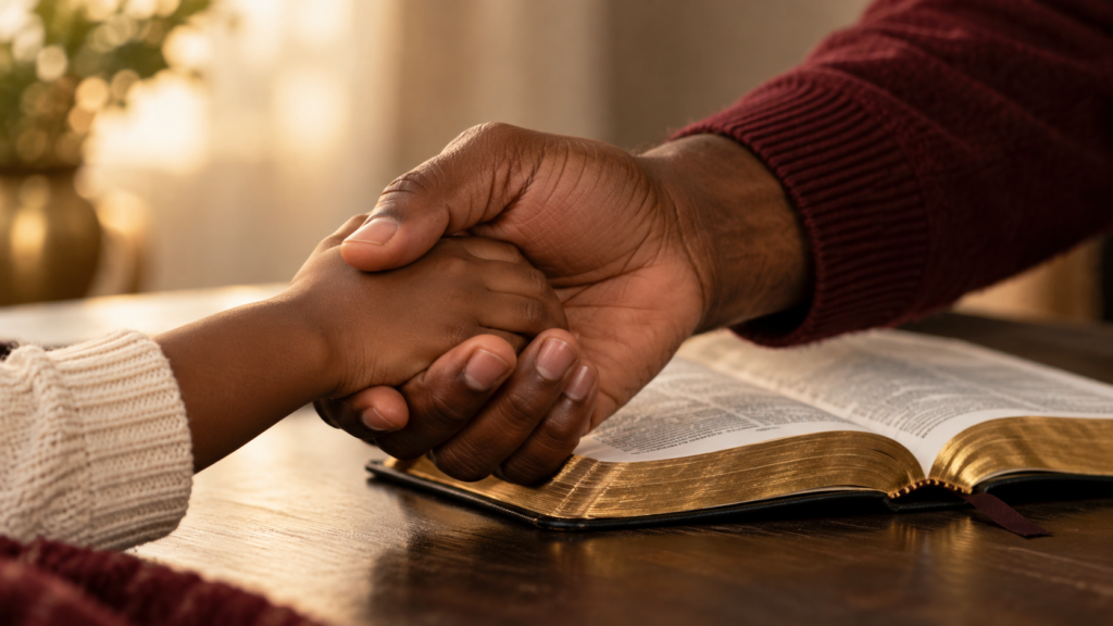 Father and child holding hands beside a Bible